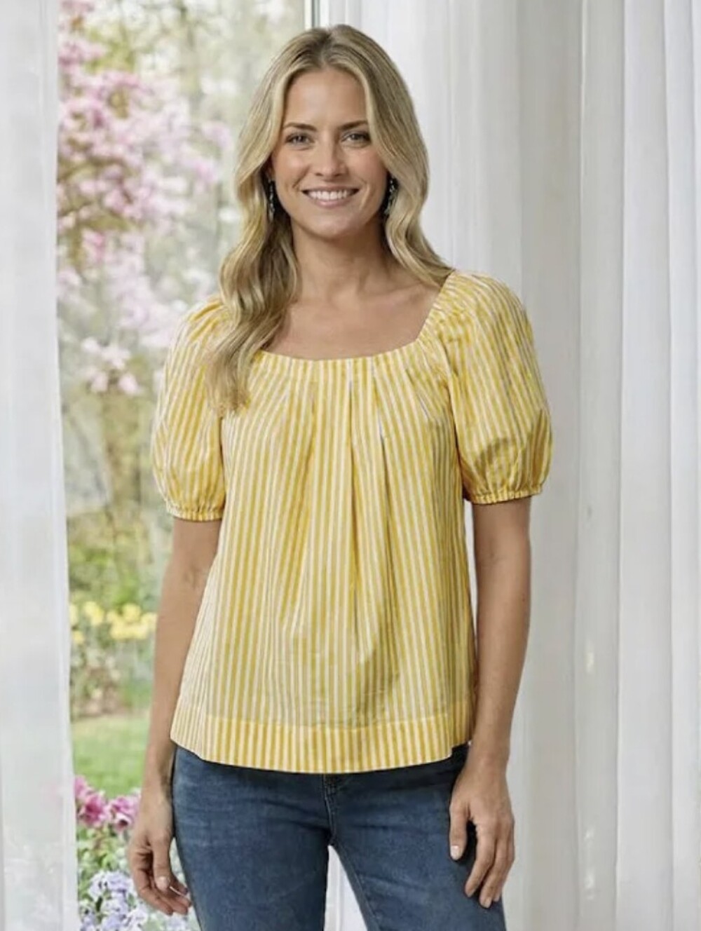 Draper James Yellow & White Stripe Puff-Sleeve Square Neck Top Size Large Vacay